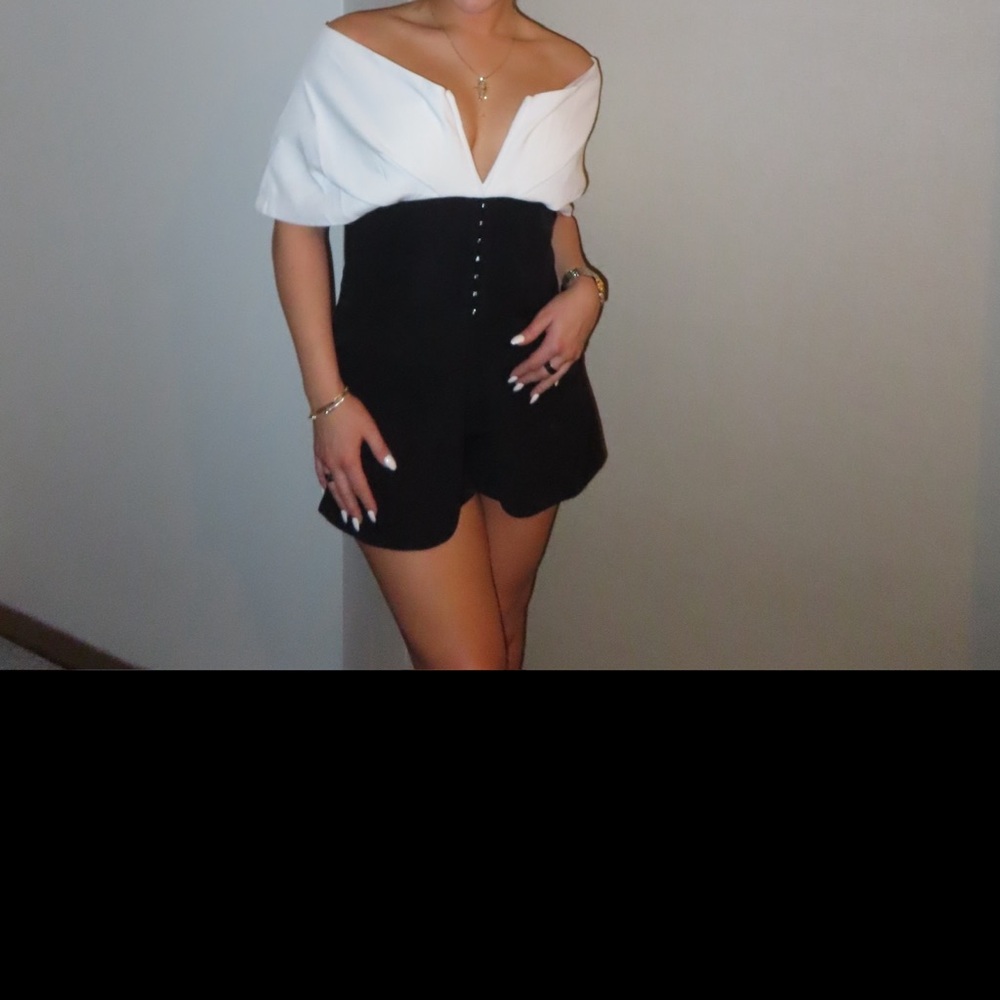Elegant Off-Shoulder Black and White Romper